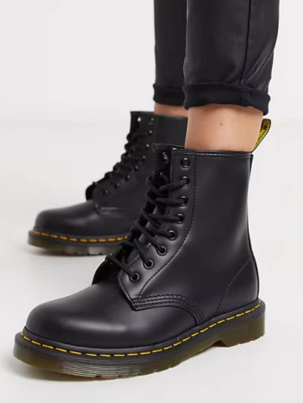 Dr. Martens Black Leather Lace-Up Combat Boots with Yellow Stitching. SIZE 7US